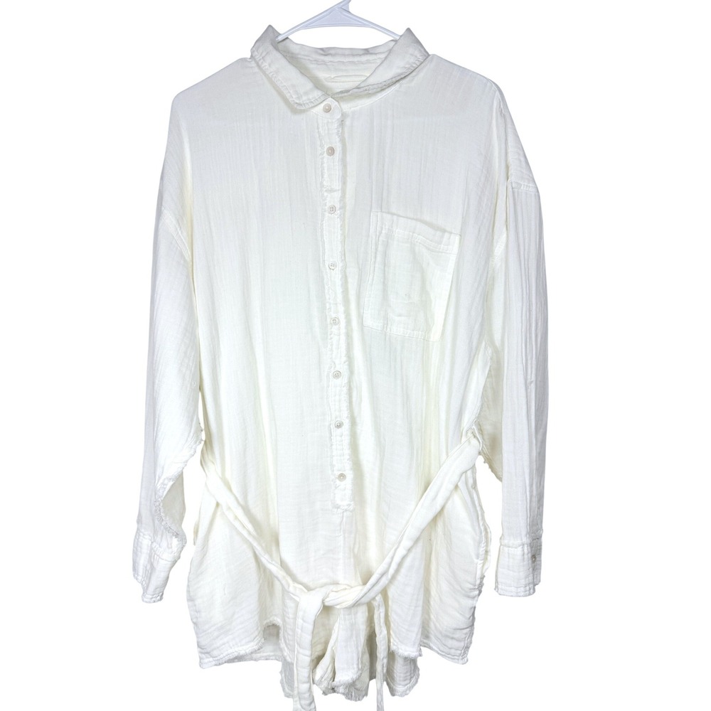 Aerie Womens Gauzy Belted Romper L White Cotton Long Sleeve Button Front Raw Hem